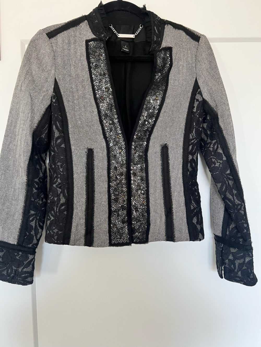 White House Black Market Black & White Tweed Blazer with Lace Insets
